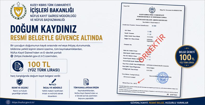 ÖNEMLİ DUYURU! "K.K.T.C. Doğum Kayıt Belgesi Ücreti Değişti."
